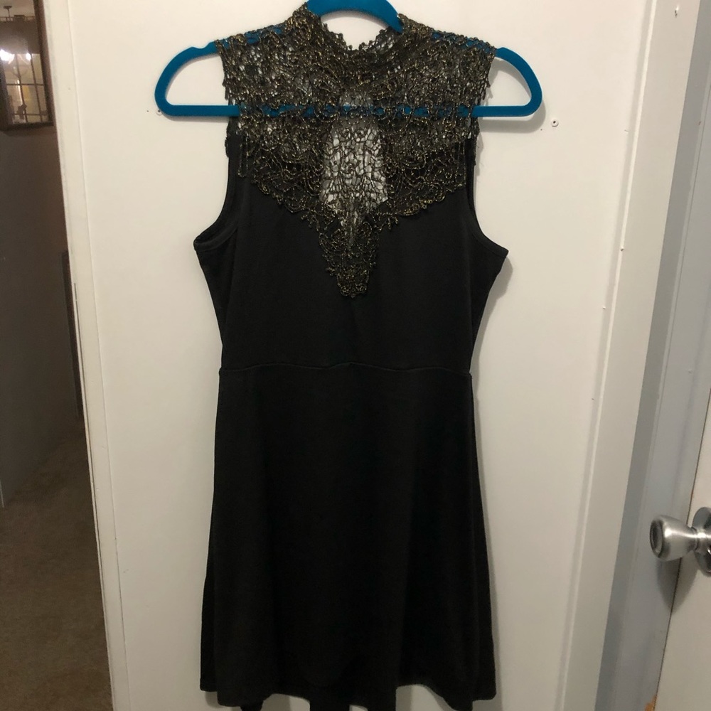Black and Gold High Neck Lace Skater Dress, Size L